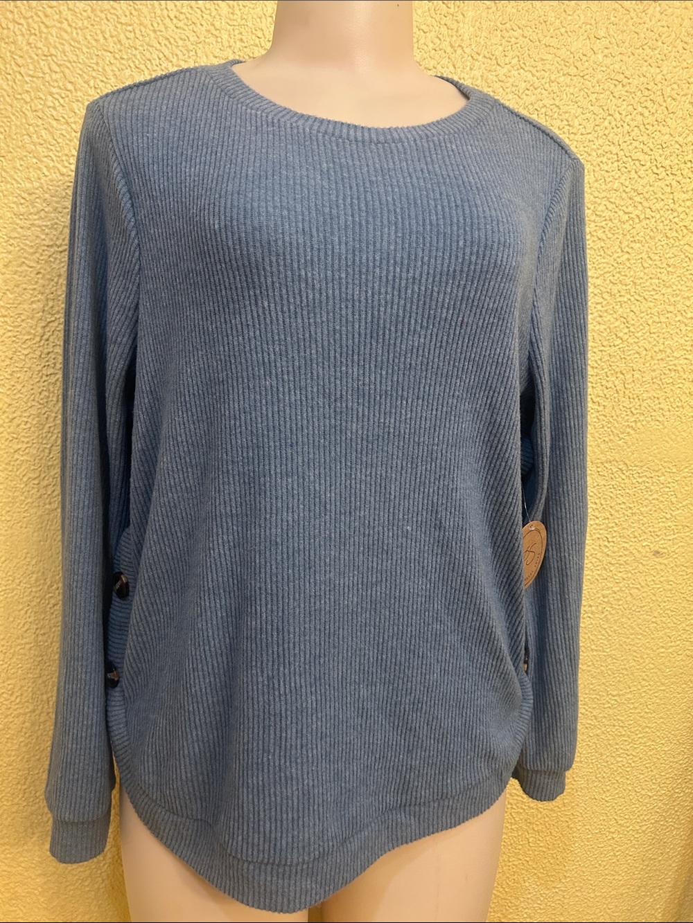 Light Blue Ribbed Long Sleeve Top with Side Buttons